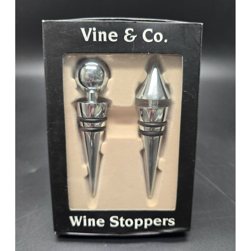 Silver Wine Stoppers Set Of 2 Vine & Co. Unique Designs Barware NIB JJ3971
